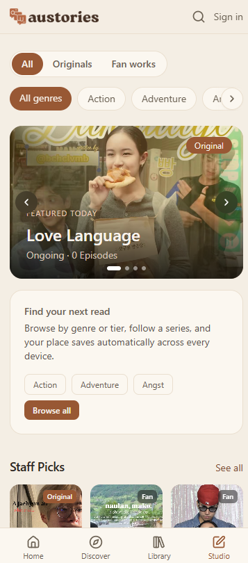 Home and Discover, with genres and trending chips